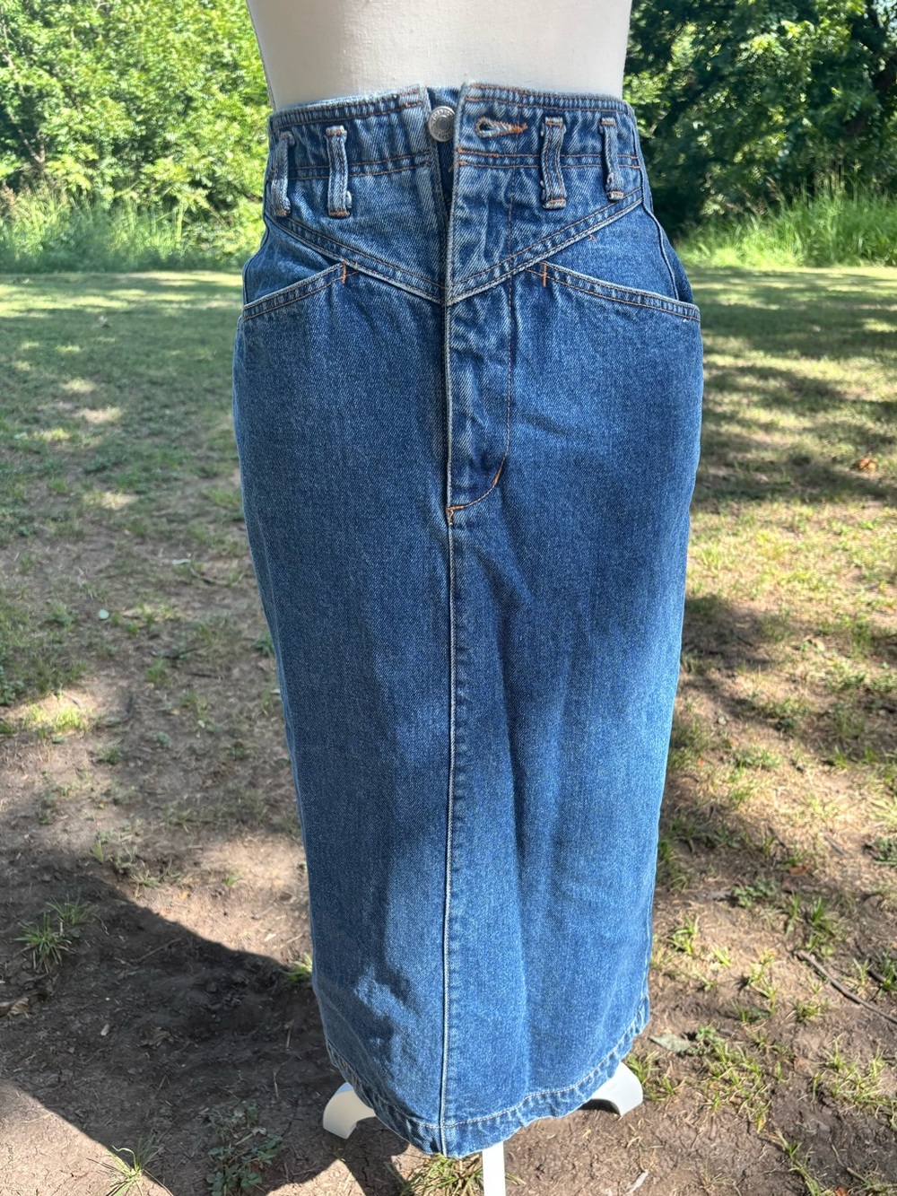 Vintage 90s Jordache Basics Acid Wash Denim Midi Skirt Western Yoke HighWaist 24
